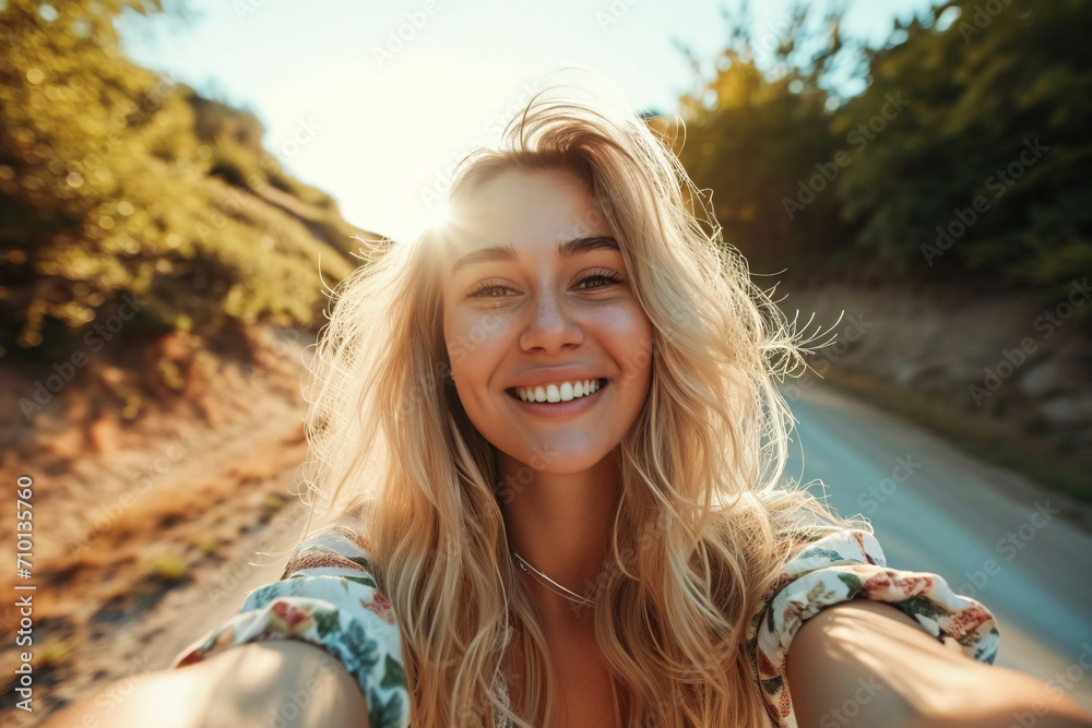 Naklejka premium Happy blonde woman taking selfies, motivation and health, peace and hope. A woman's smile, optimism, dream and concepts of success