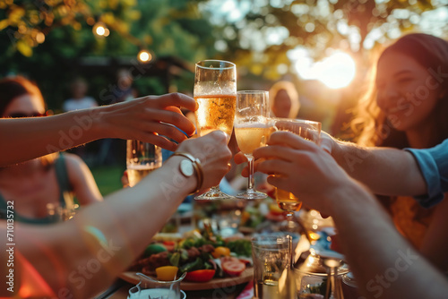 Friends and family are toasting and clinking glasses at a summer grilling party in the garden. People at the party are laughing while holding their drink glasses