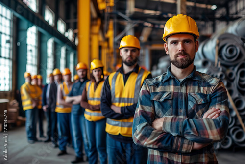 full team of warehouse workers standing in a warehouse. A team of workers, managers, a male director in a modern industrial plant, heavy industry, manufactory