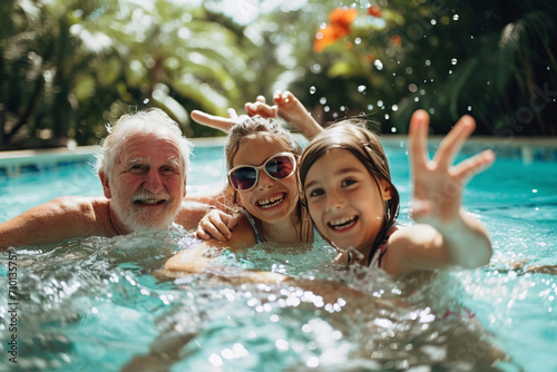 Grandparents have fun with their grandchildren on a family summer vacation at the pool © v.senkiv