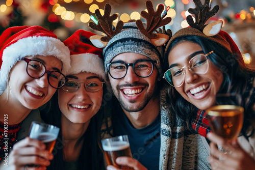 Portrait of friends wearing Santa hats and reindeer antlers at a Christmas or New Year's party