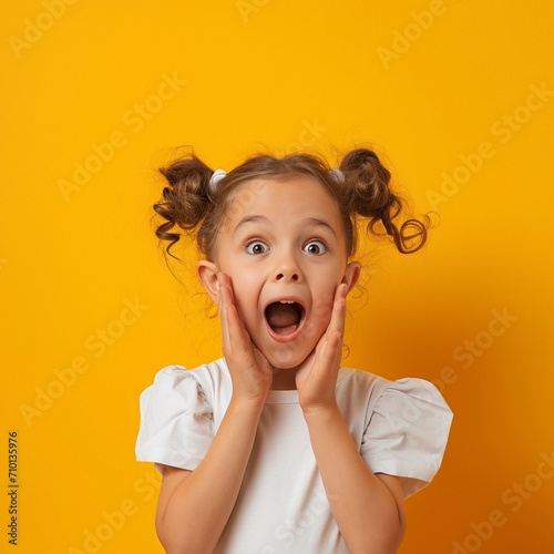 Portrait of young excited shocked crazy smiling girl child kid hold hands isolated on yellow color background