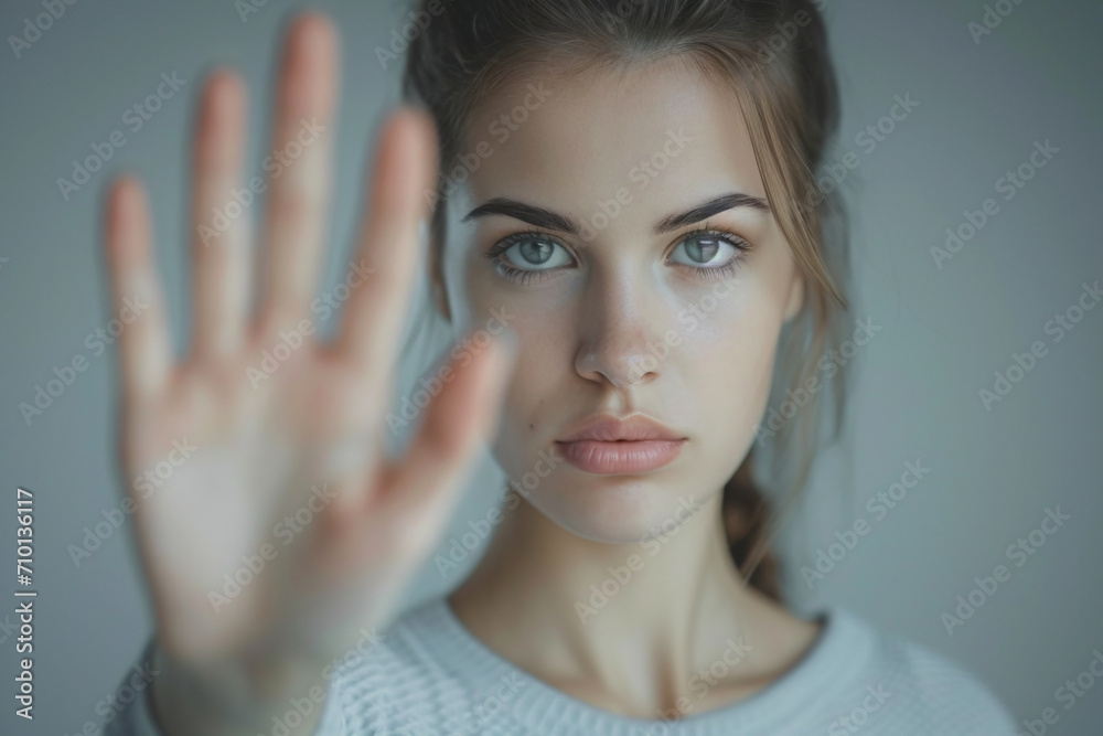 Young beautiful Caucasian girl making a stopping gesture with her palm. Warning facial expression with negative and serious gesture, isolated on gray background Young beautiful Caucasian girl making a stopping gesture with her palm. Warning facial expression with negative and serious gesture, isolated on gray background