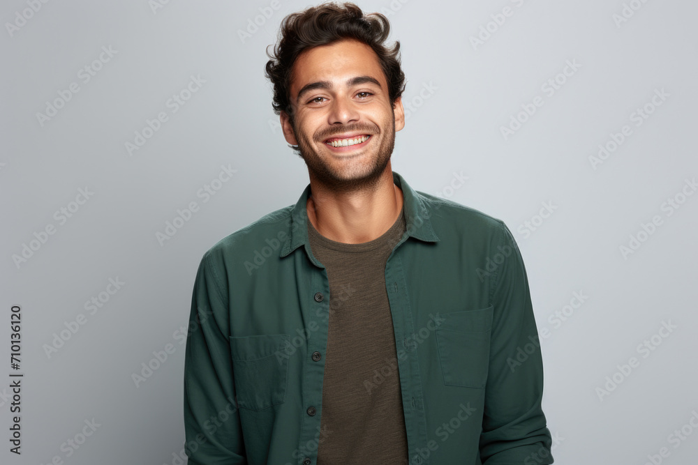 Man wearing green shirt smiles while posing for picture. This image can be used for various purposes.