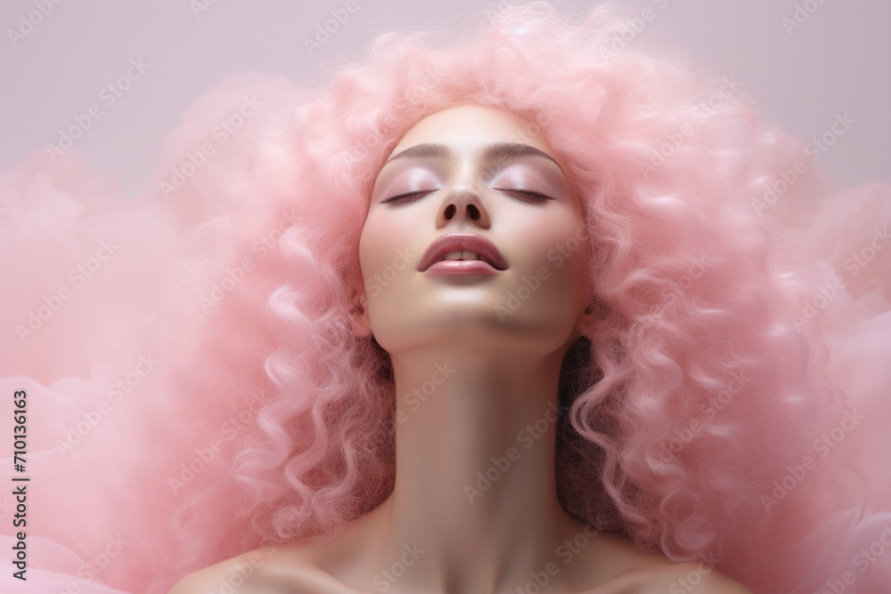 Woman with vibrant pink hair strikes pose for photo. This versatile image can be used for various creative projects.