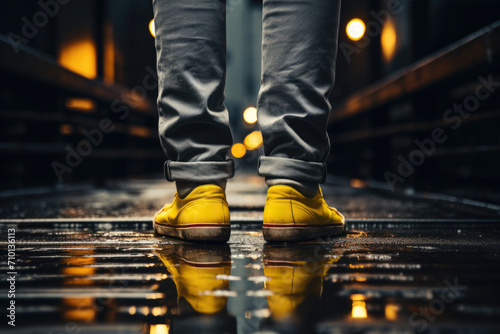 Person wearing yellow shoes standing in rain. Suitable for weather-related concepts and fashion-related themes.
