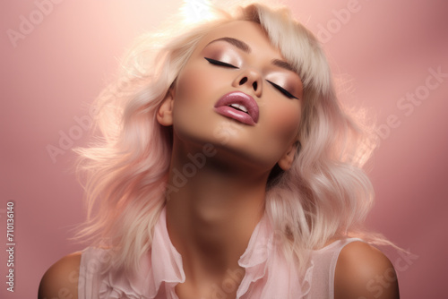 Woman with blonde hair and pink makeup. Suitable for beauty and fashion-related projects.