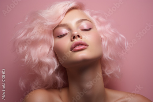 Woman with pale pink hair and pink makeup. Suitable for beauty and fashion concepts.