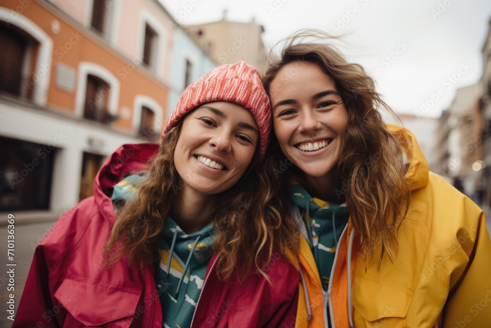 Two women standing next to each other on street. This image can be used to depict friendship, urban lifestyle, or city exploration. Two women standing next to each other on street. This image can be used to depict friendship, urban lifestyle, or city exploration.