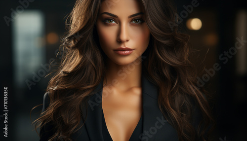 Beautiful woman with long brown hair, looking at camera generated by AI