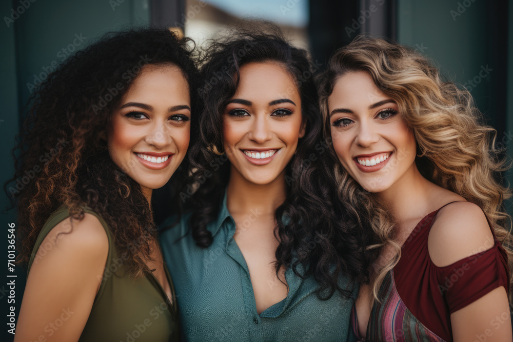 Three women standing next to each other. Suitable for depicting friendship, diversity, or teamwork. Three women standing next to each other. Suitable for depicting friendship, diversity, or teamwork.