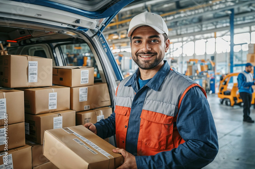 Junger Paketbote mit dunklem Bart, Arbeitskleidung und Kappe lächelt und hebt Pakete in ein Lieferfahrzeug