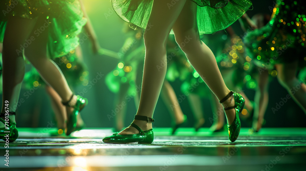 Irish dancing legs close up on stage on bright green lighting stage background with copy space, concept of St Patrick celebration, ethnic dancing event. - obrazy, fototapety, plakaty 