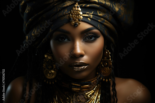 Woman wearing turban and adorned with gold jewelry. This image can be used to showcase cultural diversity or as fashion statement.
