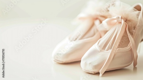 Ballet shoes with strips bow isolated on white graceful background with copy space, concept of hobbies and dancing and elegant lifestyle.