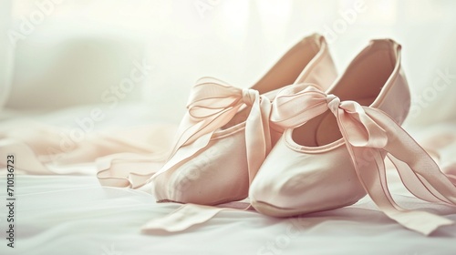 Ballet shoes with strips bow isolated on white graceful background with copy space, concept of hobbies and dancing and elegant lifestyle. photo