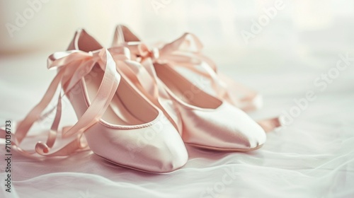 Ballet shoes with strips bow isolated on white graceful background with copy space, concept of hobbies and dancing and elegant lifestyle.
