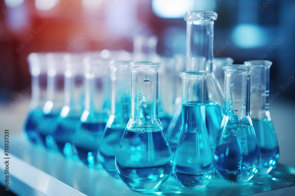 Row of test tubes filled with blue liquid. Can be used to depict scientific experiments or laboratory work. Row of test tubes filled with blue liquid. Can be used to depict scientific experiments or laboratory work.