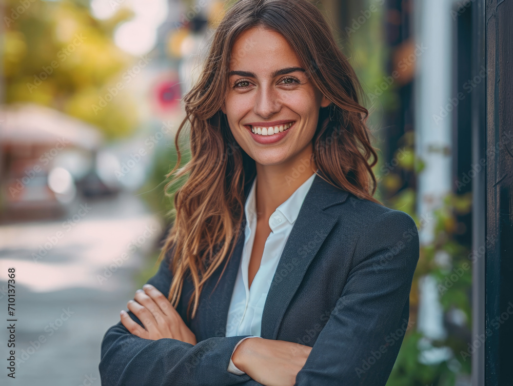 Portrait of a young happy pretty smiling professional business woman, happy confident positive female entrepreneur standing outdoor on street arms crossed, looking at camera Portrait of a young happy pretty smiling professional business woman, happy confident positive female entrepreneur standing outdoor on street arms crossed, looking at camera