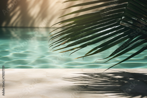 Detailed view of palm leaf near serene pool. Perfect for tropical and nature-themed designs.