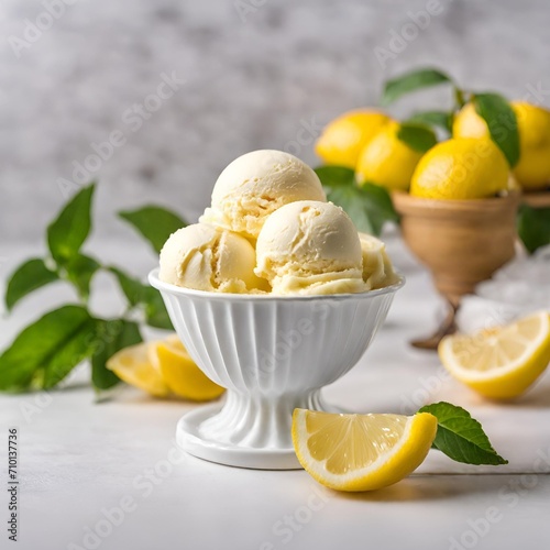 Delicious homemade lemon ice cream cup on a white table 
