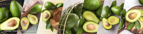 Set of fresh green avocados on table, closeup