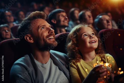 Man and little girl sitting together, watching movie. Suitable for various family, entertainment, and leisure themes.