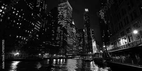Fototapeta Naklejka Na Ścianę i Meble -  A black and white photo capturing the beauty of a city at night. Perfect for urban-themed projects and designs