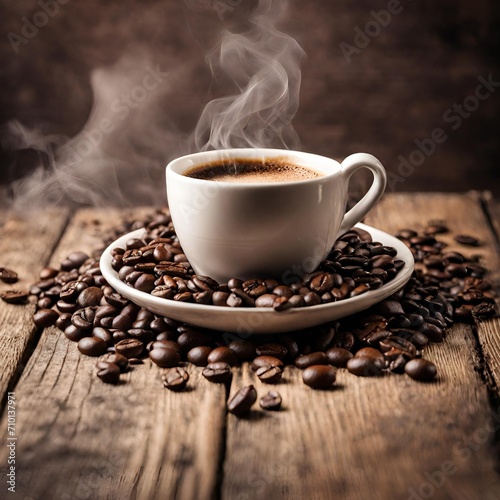 View of a coffee cup with coffee beans and smoke on a wooden backdrop 