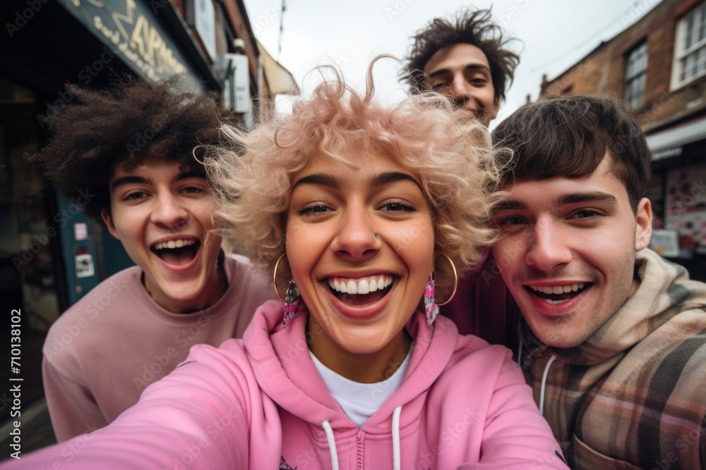 Group of young people capturing moment with selfie. Perfect for social media and technology-related content. Group of young people capturing moment with selfie. Perfect for social media and technology-related content.