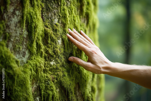 Person is seen touching moss covered tree trunk. This image can be used to depict nature, mindfulness, or connection between humans and environment. © vefimov