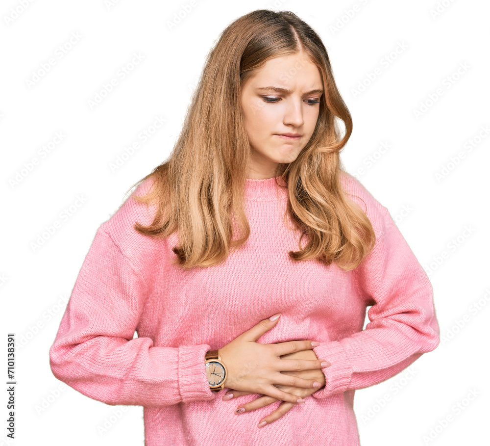 Beautiful young caucasian girl wearing casual winter sweater with hand on stomach because indigestion, painful illness feeling unwell. ache concept.