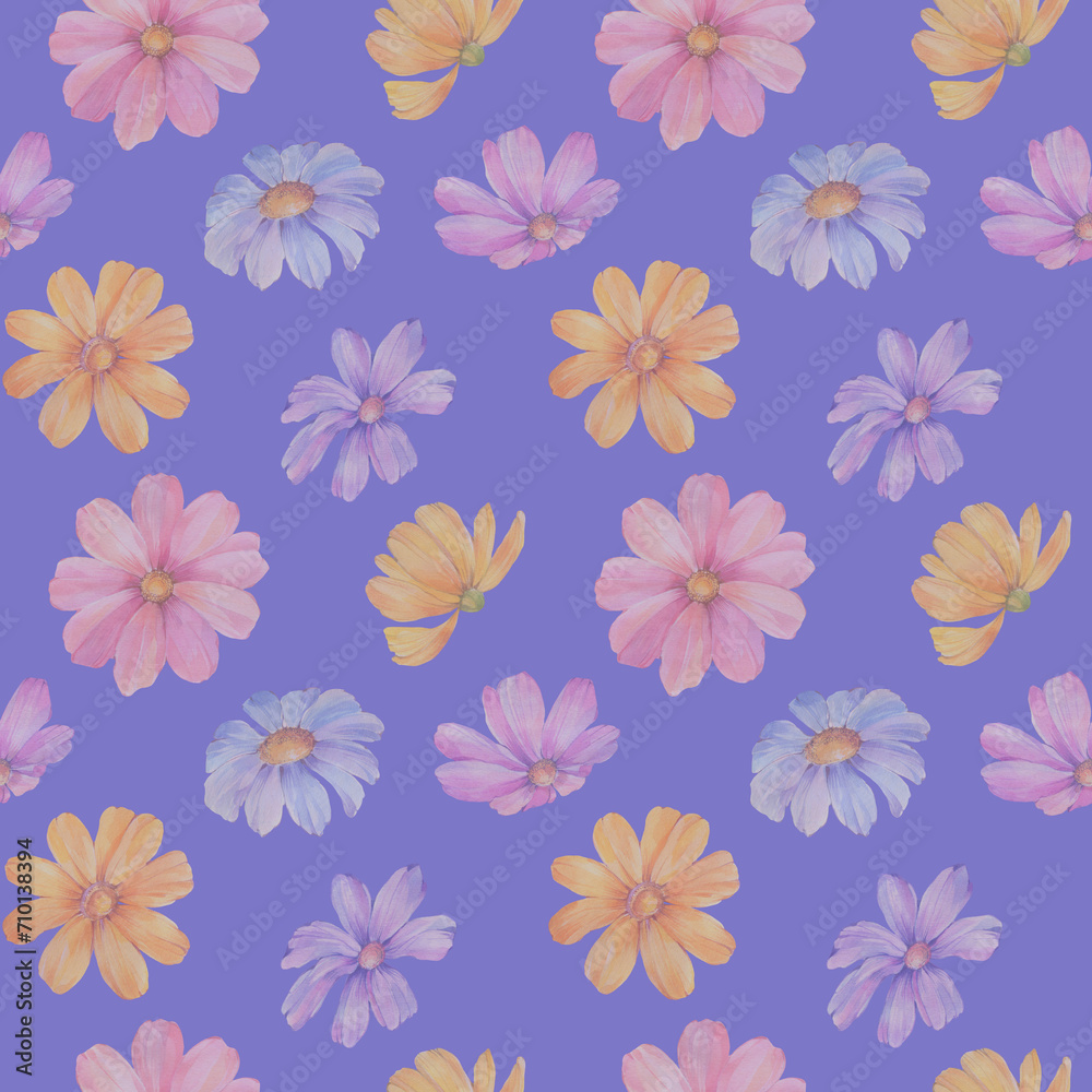 seamless floral background, watercolor botanical pattern for wrapping paper on a lilac background