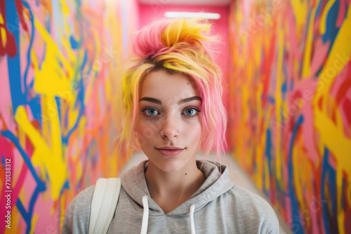 Woman with pink hair standing in front of vibrant and eye-catching wall. Perfect for adding pop of color to any project. © vefimov