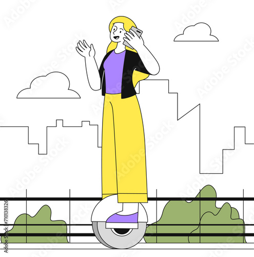 Electric unicycle woman vector linear