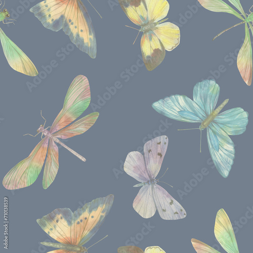 seamless pattern of colorful butterflies and dragonflies on a gray-blue background © Sergei