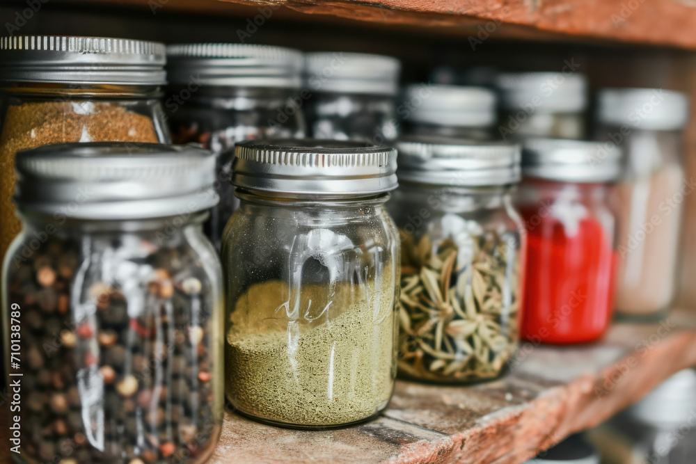 Close-up of a variety of spices and herbs in glass jars on a kitchen shelf. Close-up of a variety of spices and herbs in glass jars on a kitchen shelf.