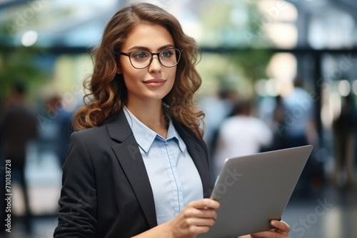 Woman wearing glasses is seen holding tablet computer. This versatile image can be used to depict technology, online communication, education, or modern lifestyle.
