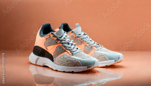 Front shot of a pair of sneakers on a peach background. High resolution photography with shallow depth of field. Soft studio lighting and copy space.