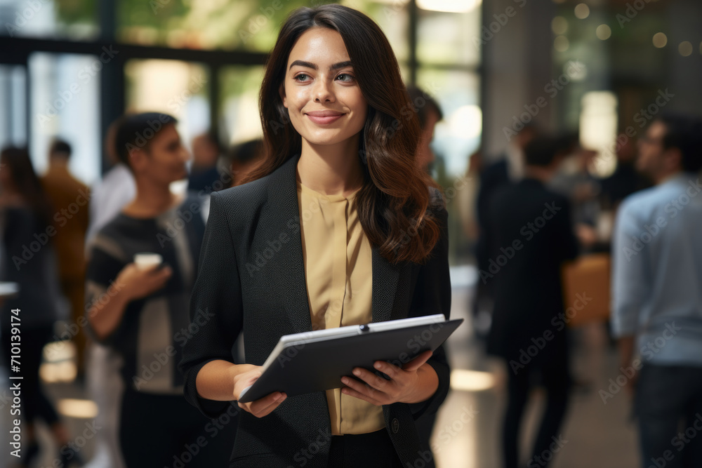 Woman dressed in business suit holding tablet computer. Suitable for business and technology concepts.