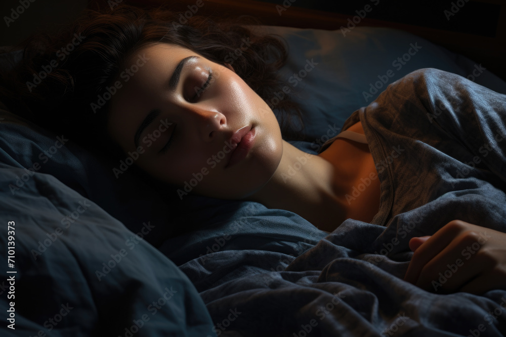 Woman peacefully laying in bed with her eyes closed. Suitable for sleep, relaxation, and bedroom concepts. Woman peacefully laying in bed with her eyes closed. Suitable for sleep, relaxation, and bedroom concepts.