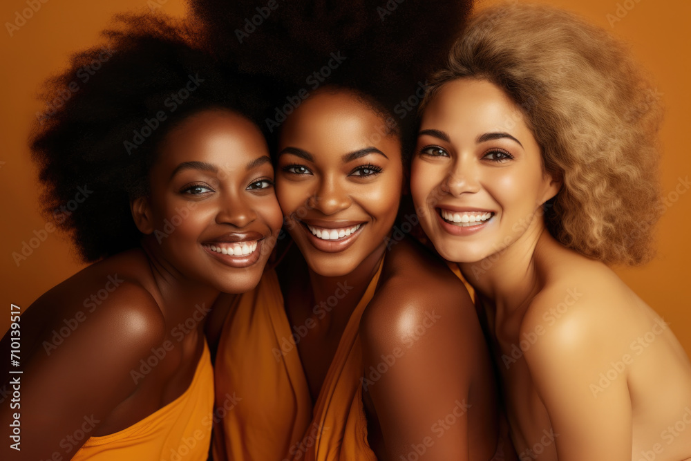Three women posing together for picture. Suitable for social media, friendship, and diversity themes. Three women posing together for picture. Suitable for social media, friendship, and diversity themes.