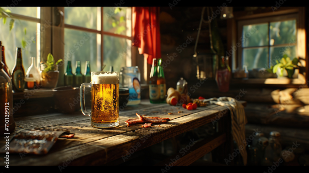 Obraz premium Wooden table with glass of beer. Perfect for illustrating relaxing evening at bar or enjoying cold beverage.