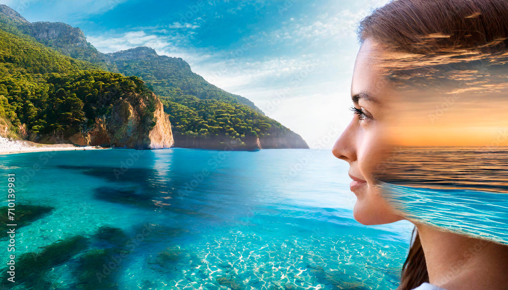 Side profile of a woman's face with a double exposure with a summer tropical landscape. Realistic portrait with soft light that makes you dream of travelling. Useful for promoting holidays.