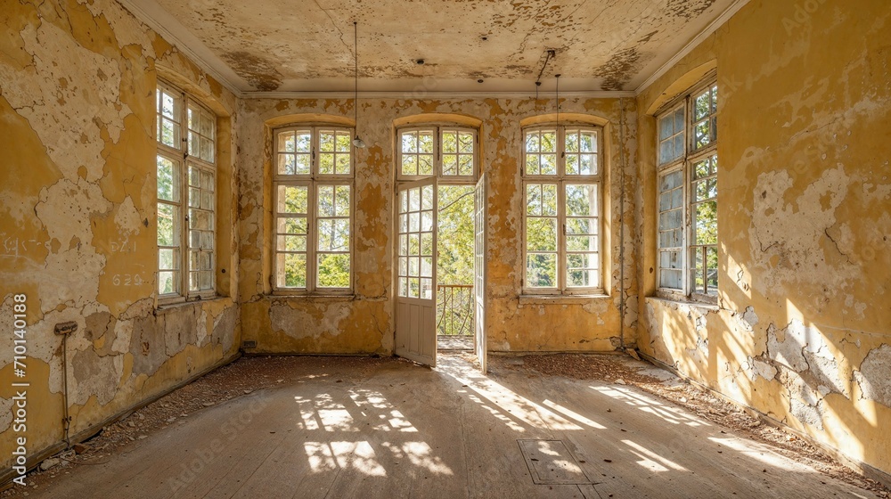 Sunlit abandoned room with peeling yellow paint and multiple windows Sunlit abandoned room with peeling yellow paint and multiple windows