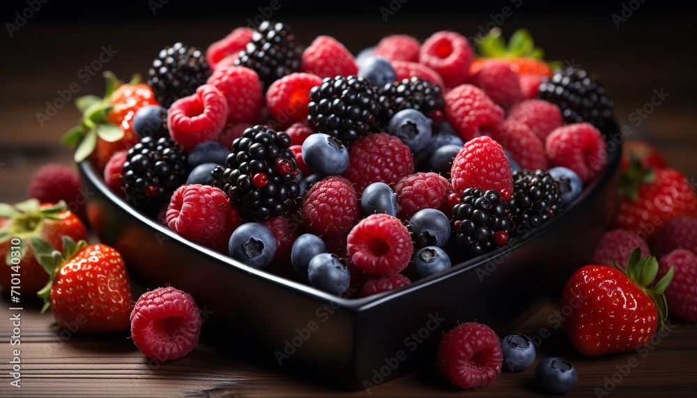 Freshness of organic berry fruit on rustic wood table generated by AI Freshness of organic berry fruit on rustic wood table generated by AI