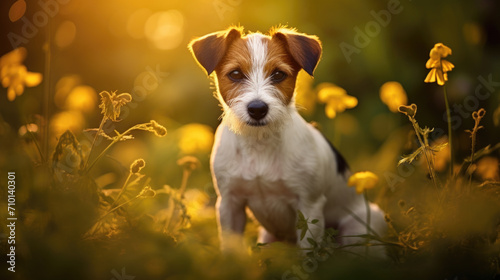 Small dog standing in field of vibrant yellow flowers. Perfect for adding touch of nature and cuteness to your designs.