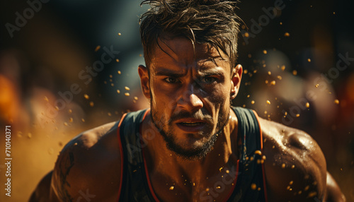 Muscular man jogging in rain, determined and wet generated by AI