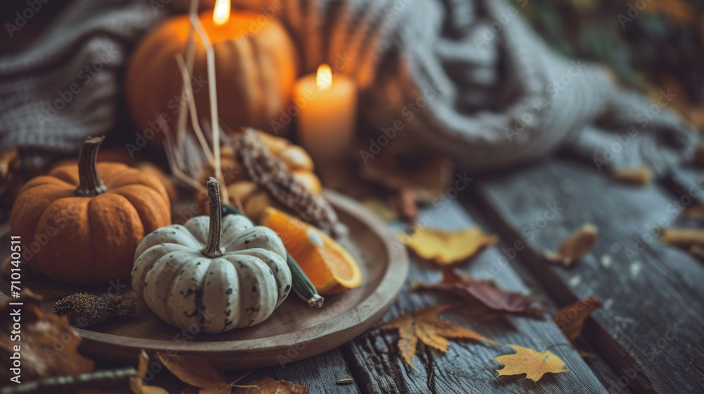 Plate of pumpkins and candles displayed on rustic wooden table. This image can be used for fall or Halloween-themed decorations.