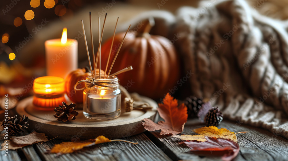 Table with candle and multiple candles. Can be used for home decor or as centerpiece.